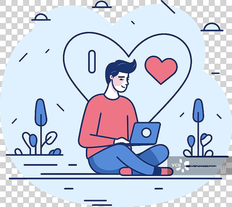 年轻男性自由职业者在远程工作，心形图案图片素材