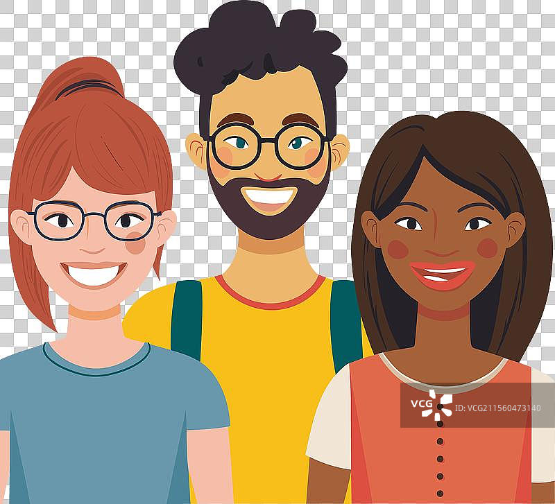 三个快乐的朋友在一起微笑，一个男生两个女生图片素材