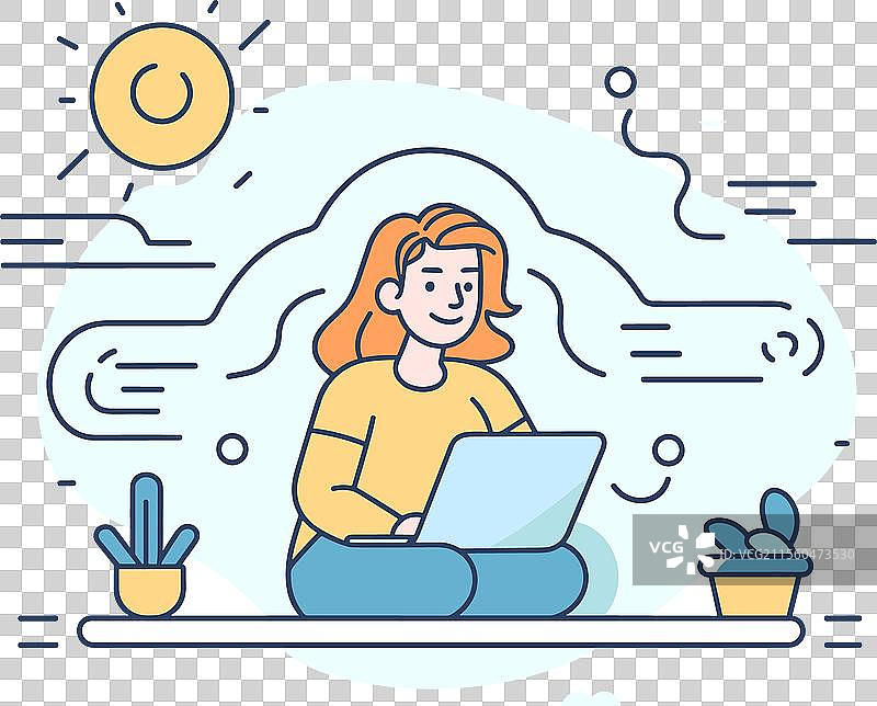 年轻女性角色盘腿坐着工作图片素材