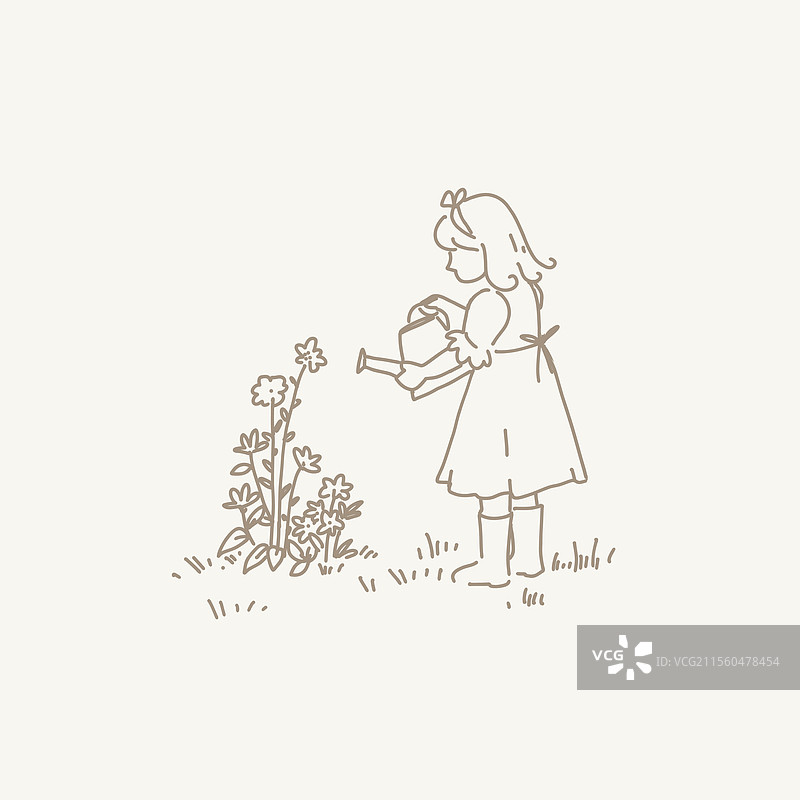 女孩浇水的花朵线条画图片素材