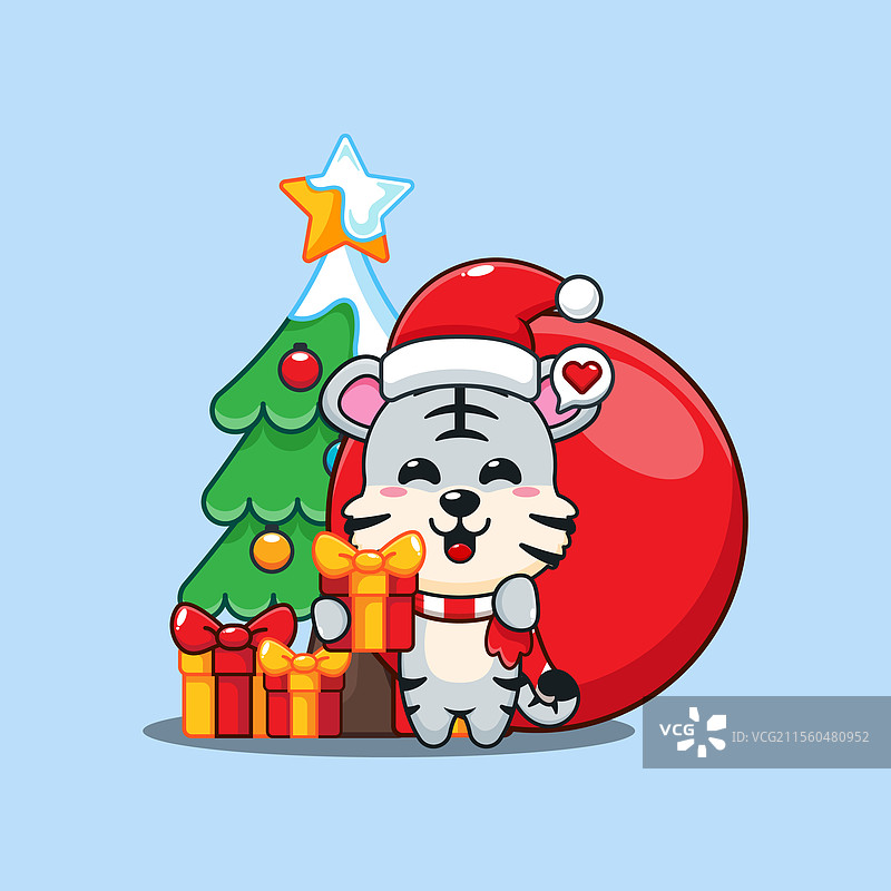 可爱的圣诞老人白虎背着礼物袋图片素材