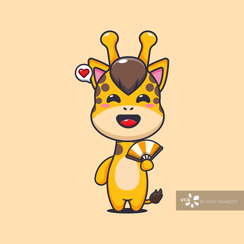 可爱的长颈鹿拿着手扇的卡通形象图片素材