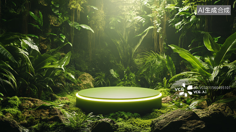 【AI数字艺术】森林里绿色的展台展台背景，生态，环保，绿色，森林图片素材