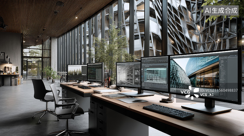 【AI数字艺术】现代多显示器办公空间图片素材