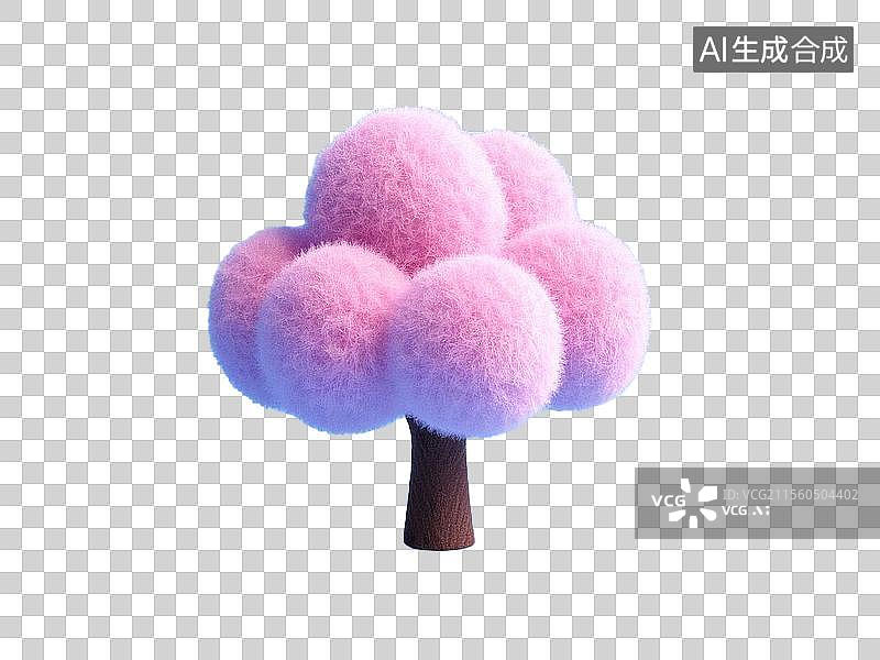 【AI数字艺术】3D卡通毛毡圆球状粉色树图片素材