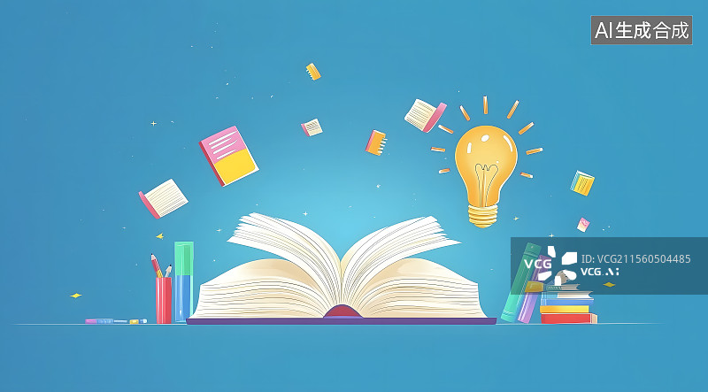 【AI数字艺术】开学季新学期上学读书学习回校返校卡通漫画，打开的书和笔卡通插画背景图片素材