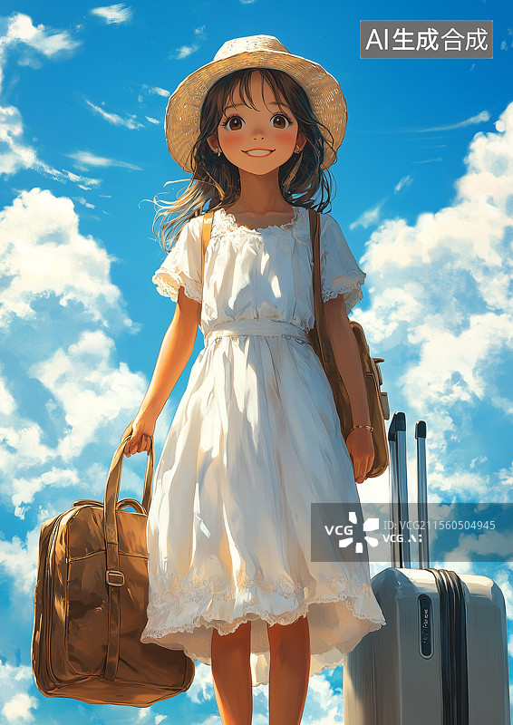【AI数字艺术】身穿白裙带着行李箱旅游的女生图片素材