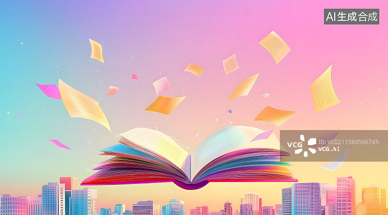 【AI数字艺术】开学季新学期上学读书学习回校返校卡通漫画，打开的书卡通插画背景图片素材