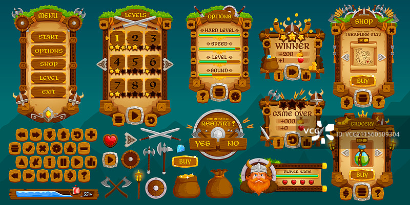 中世纪维京人游戏界面GUI元素资产图片素材