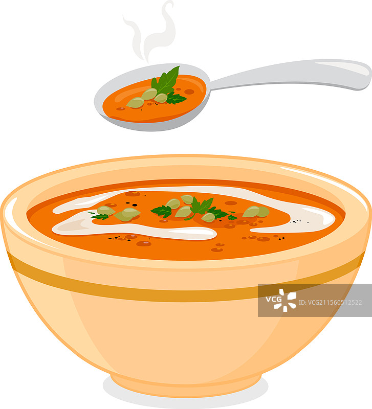 南瓜汤，热汤碗配汤匙图片素材