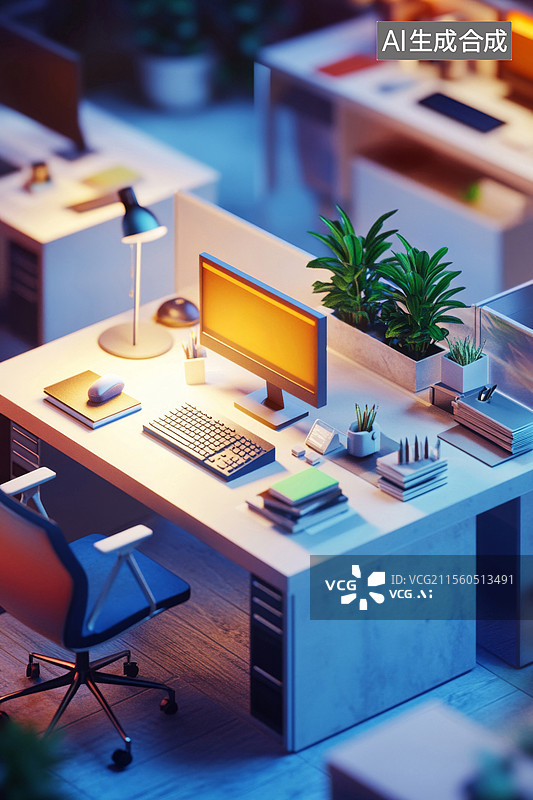 【AI数字艺术】现代办公室书房电脑桌等距透视图图片素材