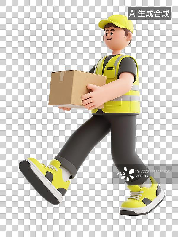 【AI数字艺术】劳动节3D粘土风格免抠卡通插画人物元素荧光黄色马甲快递员手持包裹童趣的全身角色设计图片素材