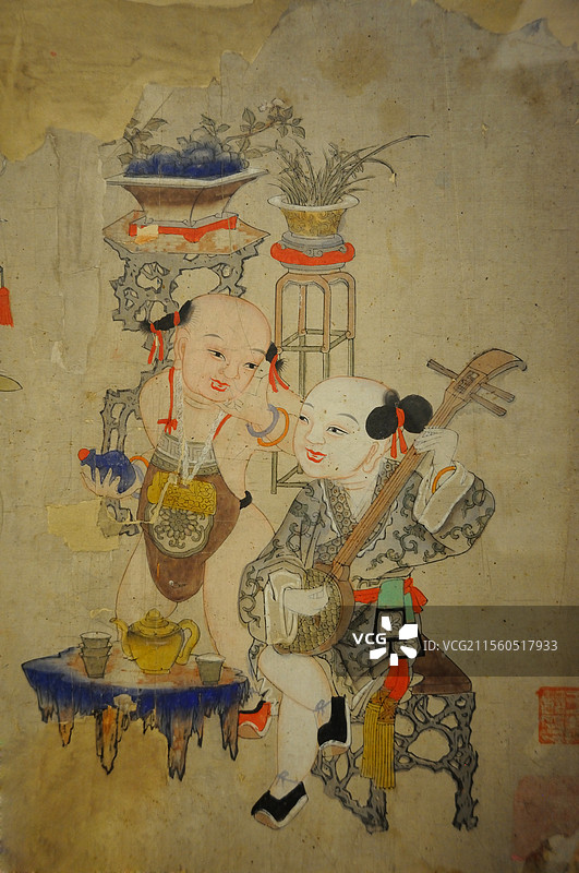 （中国美术馆）天津杨柳青清代年画《十不闲》图片素材