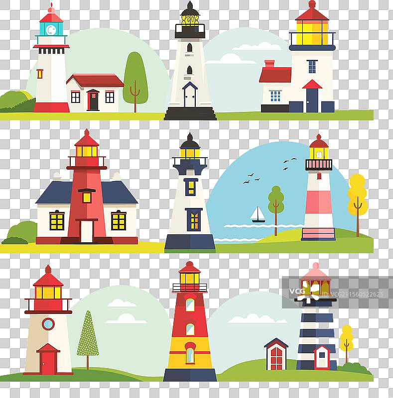 多样设计的彩色灯塔集合图片素材