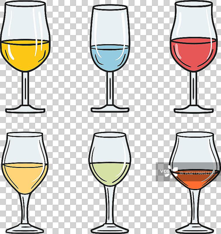 六个不同类型葡萄酒的酒杯图片素材