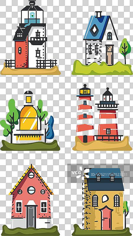 六座色彩斑斓的建筑集合，包括图片素材