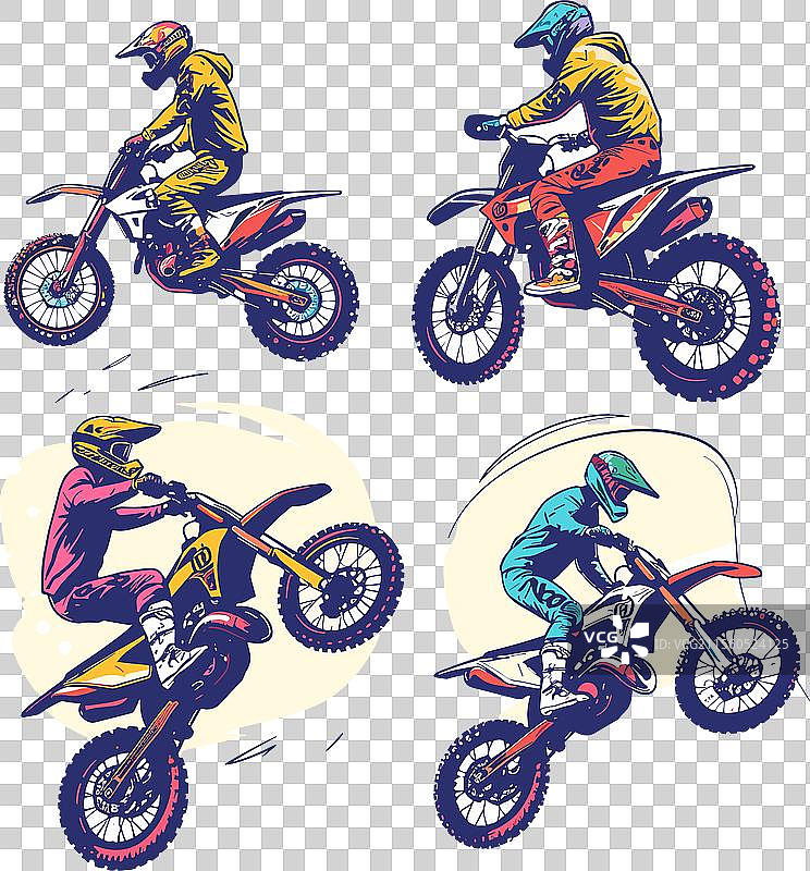四位色彩斑斓的越野摩托车骑手图片素材