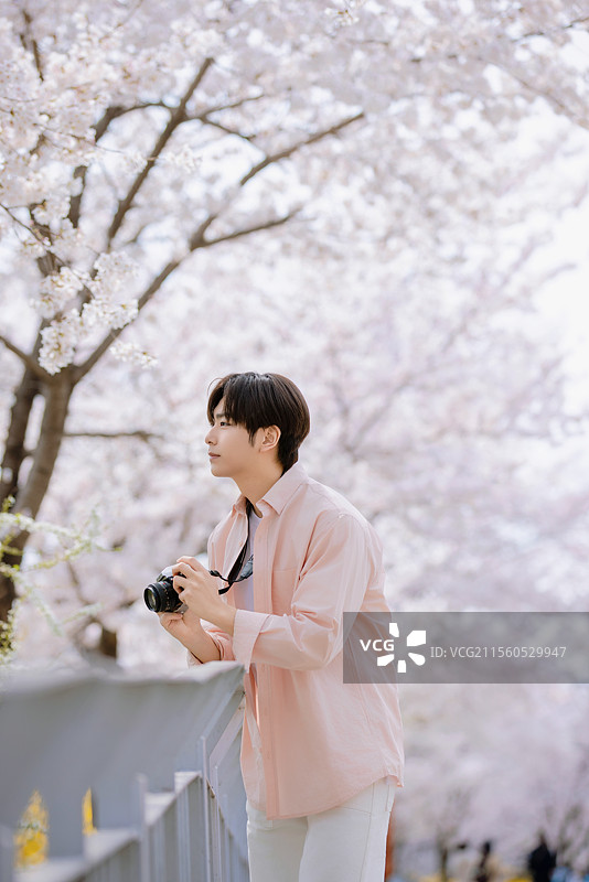 年轻男子用相机拍摄樱花的肖像图片素材