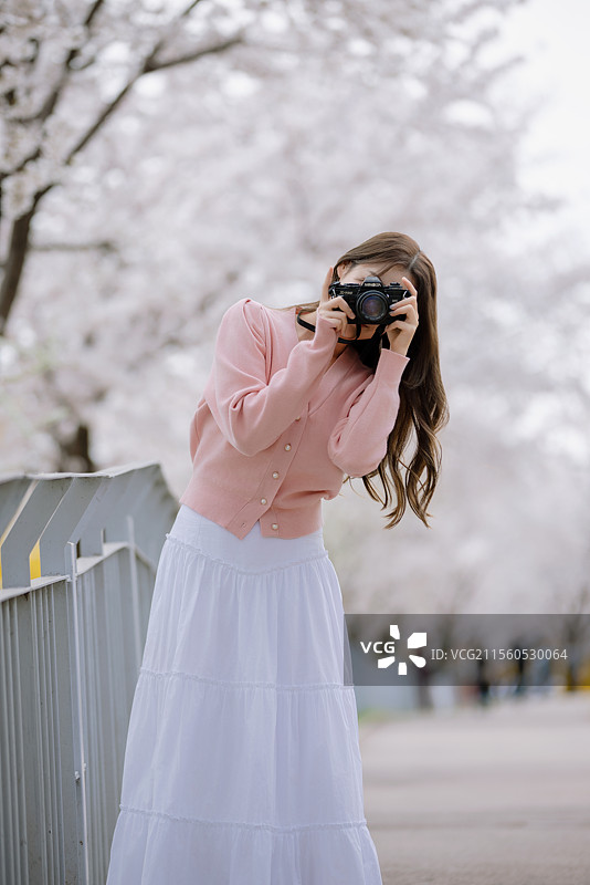 年轻女性用相机拍摄樱花的肖像图片素材