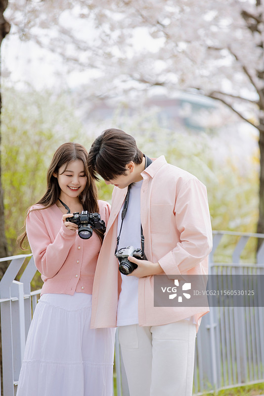 一对友好的情侣在樱花盛开的街道上享受约会时光图片素材