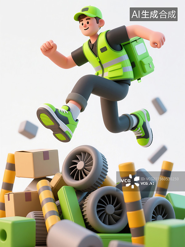 【AI数字艺术】劳动节3D粘土风格人物插画元素快递员跃过障碍全身卡通荧光绿马甲和涡轮鞋白色背景图片素材