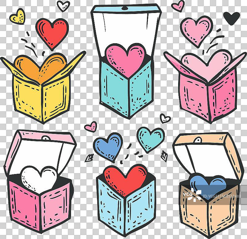 五彩缤纷的心形图案从盒子里跳出来的涂鸦图片素材
