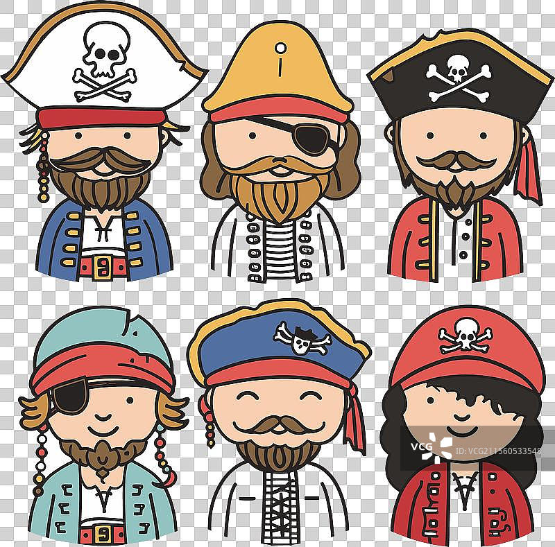 六个代表不同角色的卡通海盗图片素材