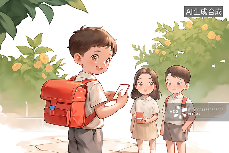 【AI数字艺术】小学生在用智能电话卡打电话图片素材