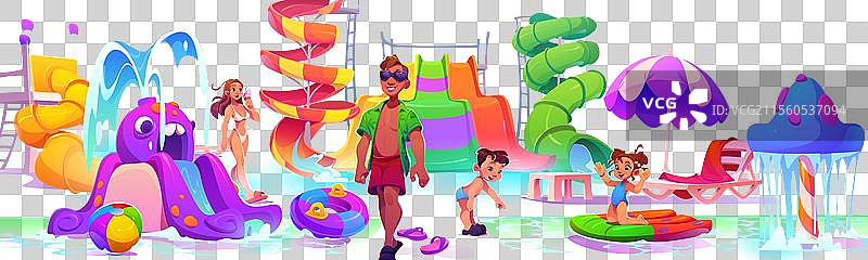 水上乐园里的人们与水池和滑水道图片素材