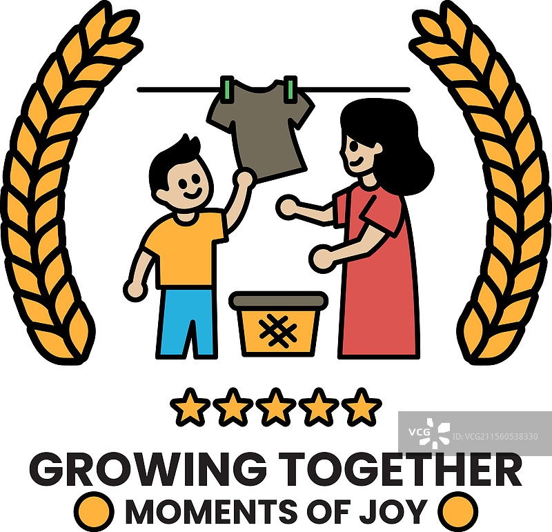 一位女性和一个孩子正在晾衣服。图片素材