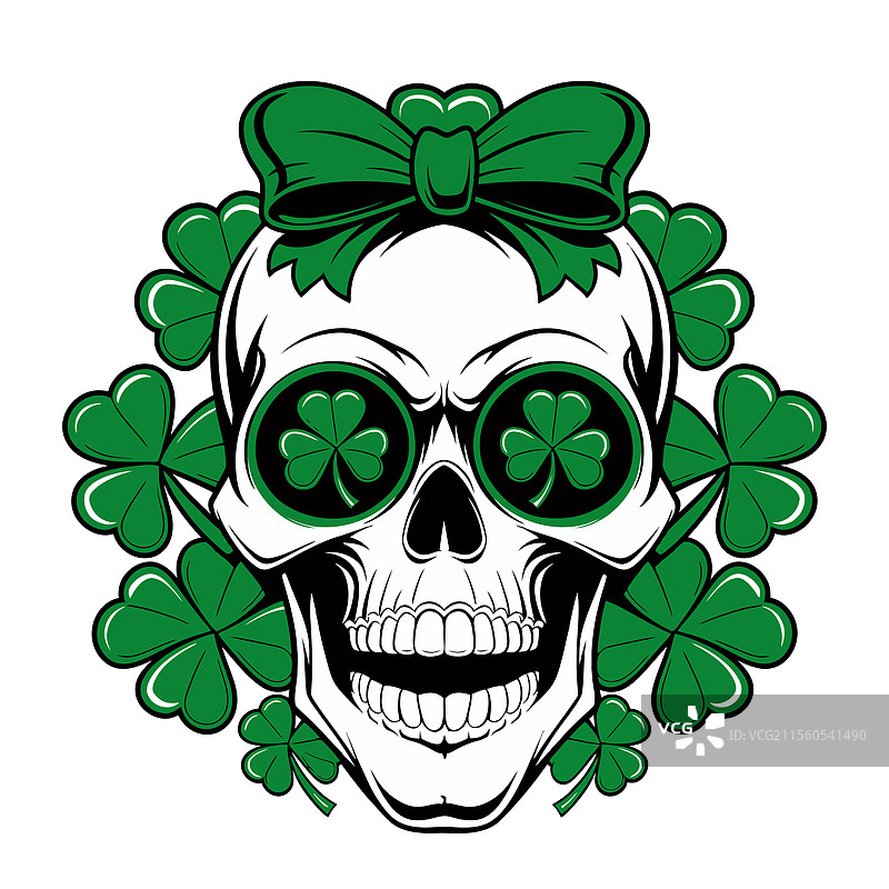 圣帕特里克节的骷髅，配有三叶草和蝴蝶结图片素材