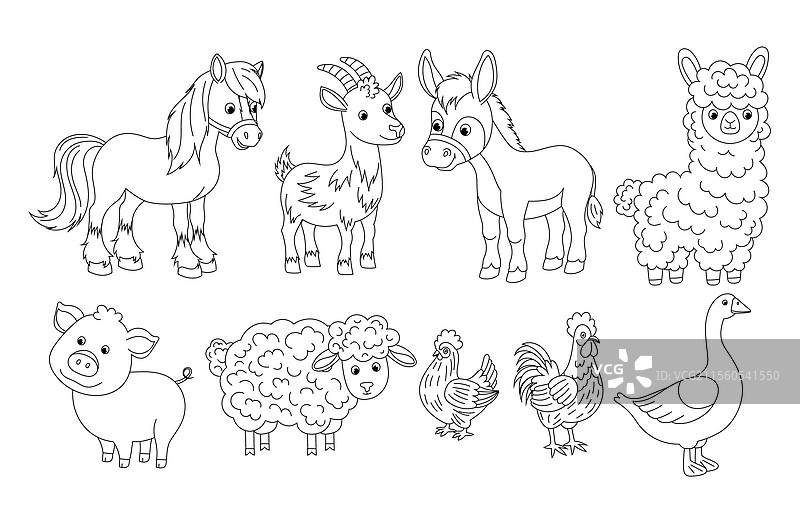 线条艺术农场动物涂色页图片素材