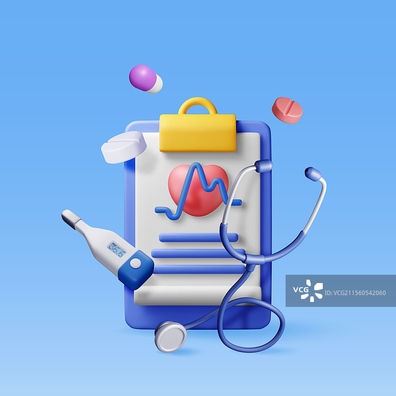 3D剪贴板上有检查听诊器和药丸图片素材