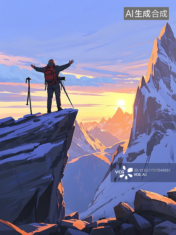 【AI数字艺术】雪山之巅的攀登者图片素材