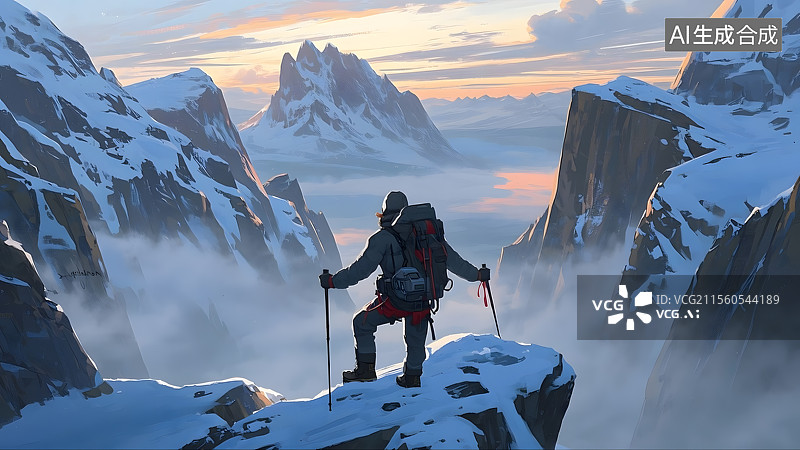【AI数字艺术】雪山之巅的攀登者图片素材