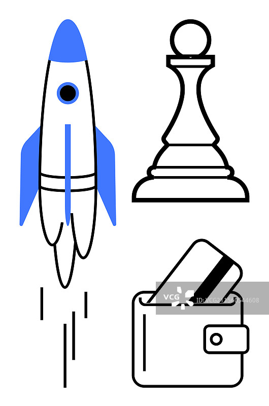 火箭发射象棋兵和钱包的象征图片素材