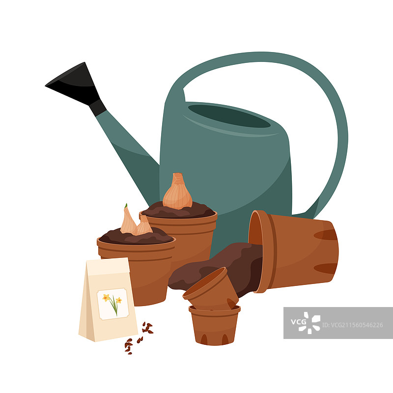 花园浇水壶与花盆和种子图片素材