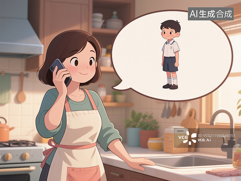 【AI数字艺术】妈妈站在家里厨房拿手机给小学生儿子打电话图片素材