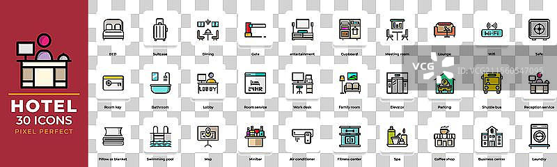 一套可编辑线条的酒店扁平图标图片素材