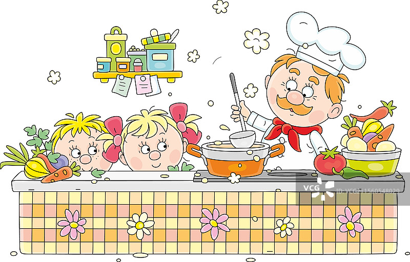厨师和孩子们一起准备汤图片素材