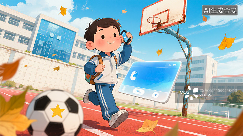 【AI数字艺术】小学生用电子学生卡和家长通话图片素材