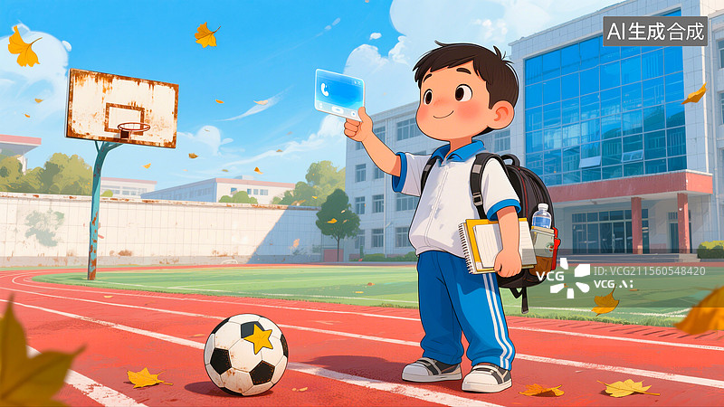 【AI数字艺术】小学生用电子学生卡和家长通话图片素材