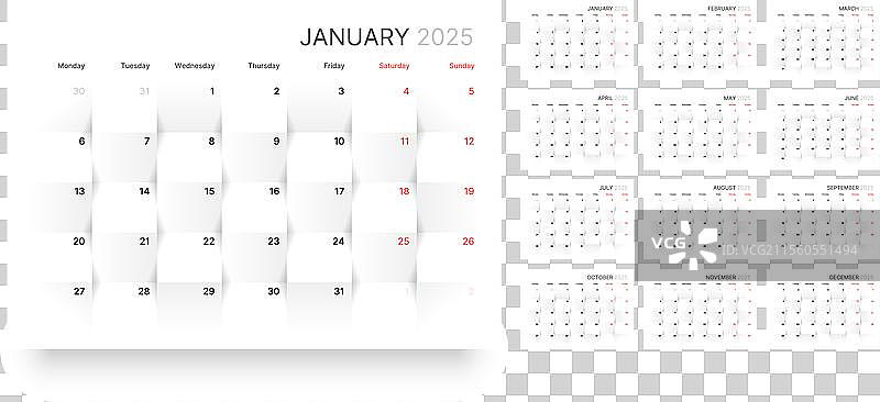 2025年每月日历从星期一开始图片素材