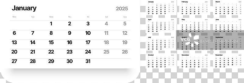 2025年计划日记的每月日历布局图片素材