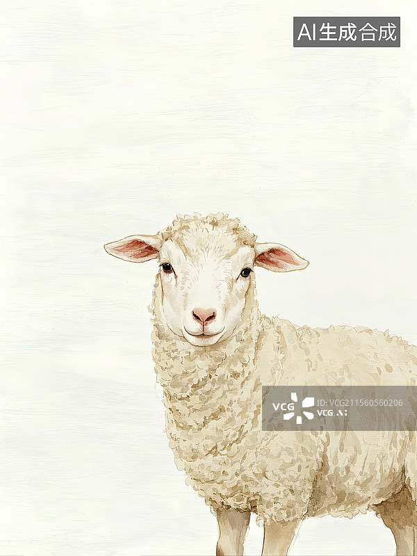 【AI数字艺术】一只可爱的绵羊的水彩风格插画图片素材