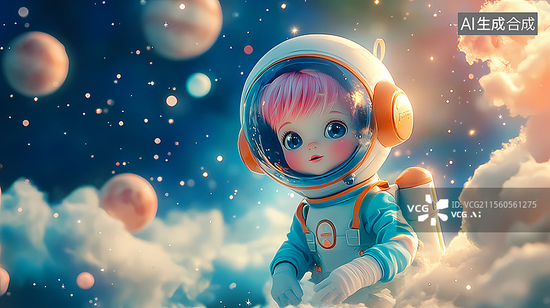 【AI数字艺术】可爱宇航员女孩探索星系图片素材