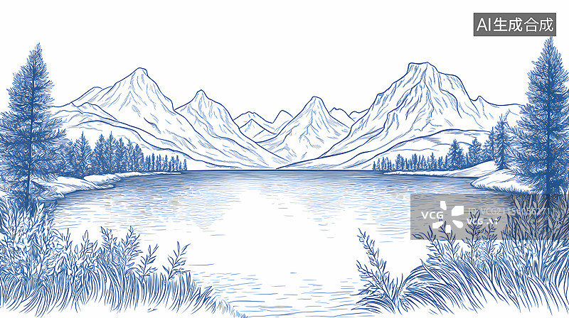 【AI数字艺术】宁静的山湖风景素描图片素材