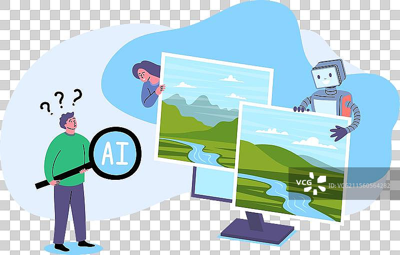 卡通色彩人物与人工智能的真实与否图片素材