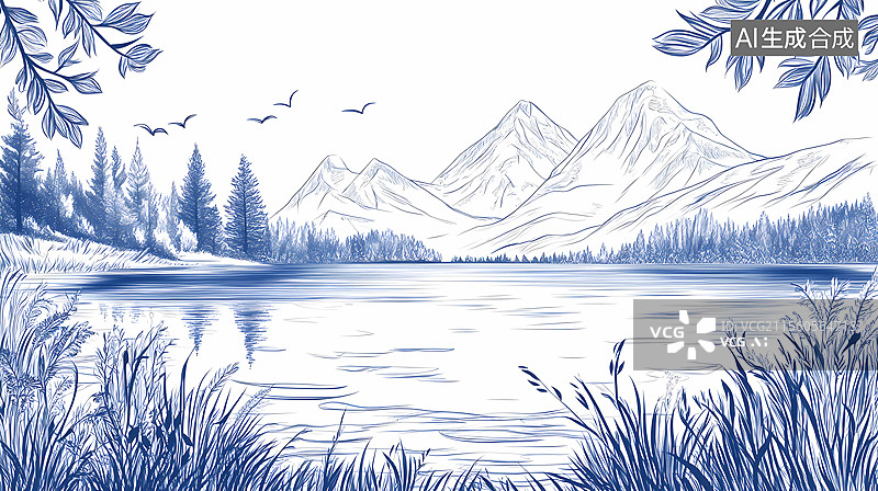 【AI数字艺术】宁静的山湖风景素描图片素材