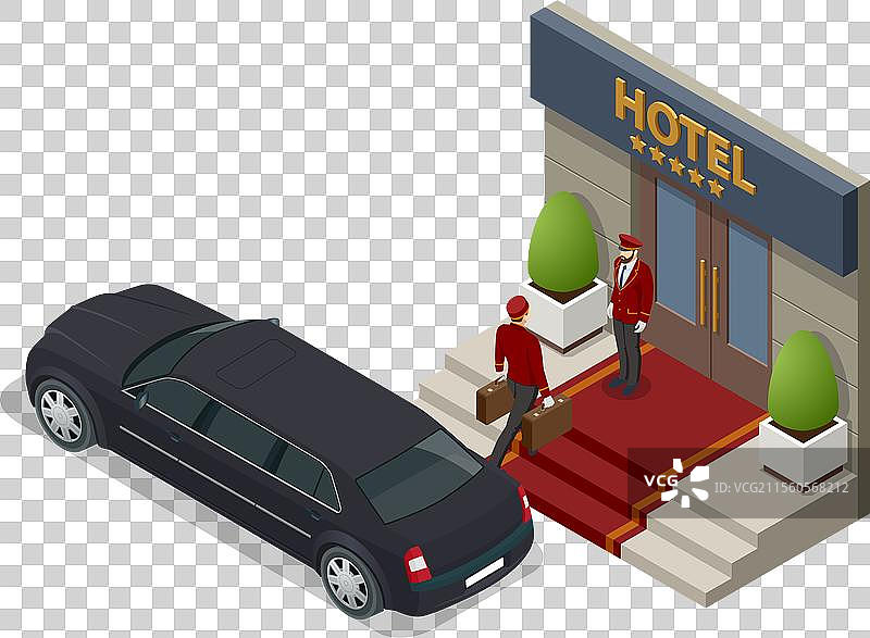 等距视角的豪华酒店入口和豪华轿车图片素材